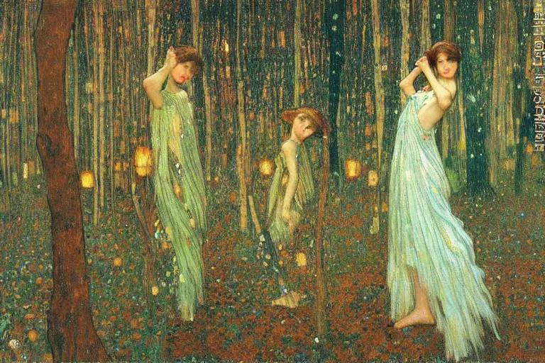 Image similar to dance of fairies in a forest at night, glowing, painting, muted colors, magical, by klimt, by alphonse mucha, by john william waterhouse