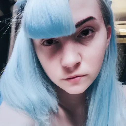 Image similar to a pale girl with blue hair, soft facial features, round face, looking directly at the camera, neutral expression, instagram picture