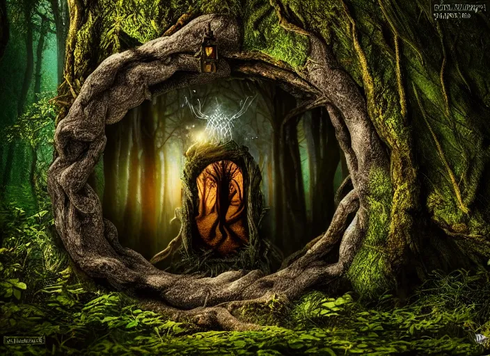 Image similar to photo of a portal to a different world with magical creatures in it, in the forest. Fantasy magic style. Highly detailed 8k. Intricate. Nikon d850 55mm. Award winning photography.