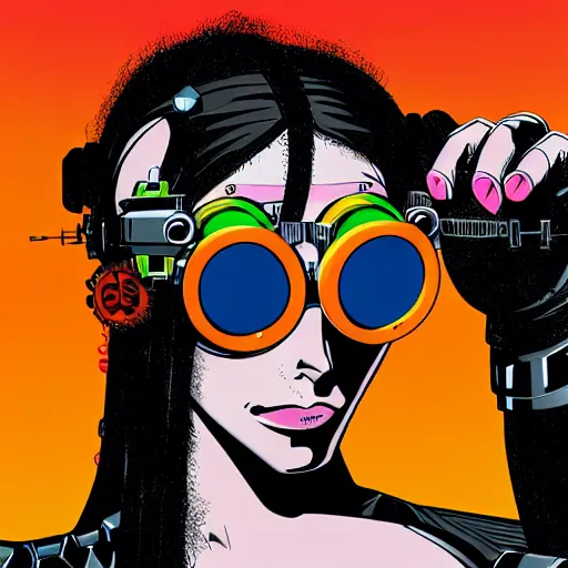 Image similar to cybergoth girl wearing goggles and eclectic jewelry, by jamie hewlett,