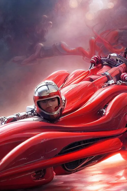 Prompt: Speed Racer, realistic and ultra intricate detailed soft painting, volumetric lighting, mist, chains and red fluid background, artstation, Tom Bagshaw Yasushi Nirasawa Moebius artstyle, unreal render, depth of field