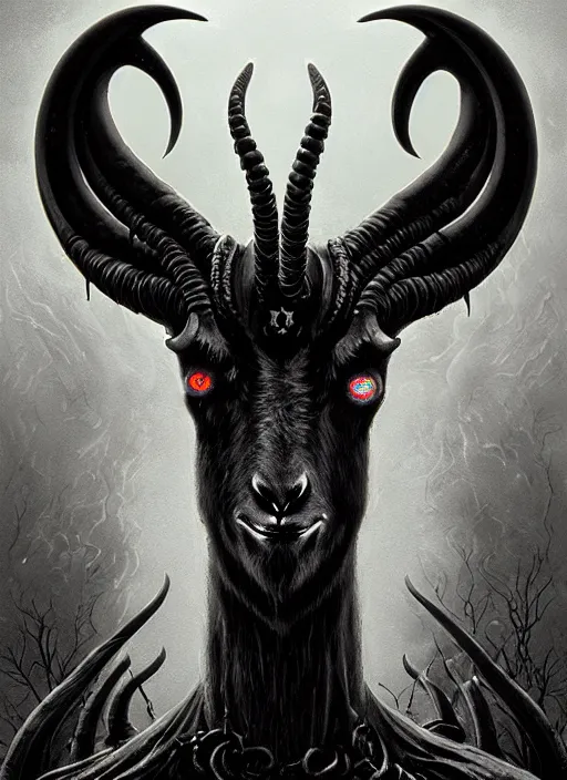 Prompt: elden ring themed undead baphomet goat icon tarot card portrait, malevolent gaze, doom aesthetic, religious, sinister, ornate, intricate, beautifully backlit, subtle tones, digital painting, concept art, smooth, sharp focus, illustration, art by josan gonzalez, greg rutkowski, killian eng and zdizslaw beksinski