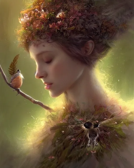 Prompt: dryad, perfect face, accompanied by a cute feathered mouse cinematic, stunning, highly detailed, digital painting, artstation, smooth, hard focus, illustration, art by jessica rossier and brian froud