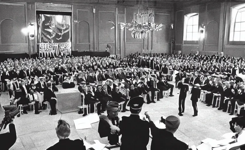 Image similar to 60s movie still of a CCCP ceremony in a stanilist style townhall, by Irving Penn , cinestill 800t 35mm eastmancolor, heavy grainy picture, very detailed, high quality, 4k, HD criterion, precise texture