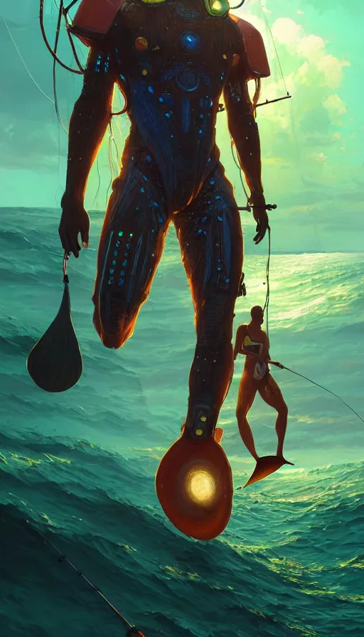 Prompt: portrait of a jamaican fisherman sci - fi glowing fishing armor muscular cyberpunk intricate elegant highly detailed digital painting artstation concept art, jamaican flag background, greg rutkowski, loish, rhads, ferdinand knab, makoto shinkai and lois van baarle, ilya kuvshinov, rossdraws, tom bagshaw