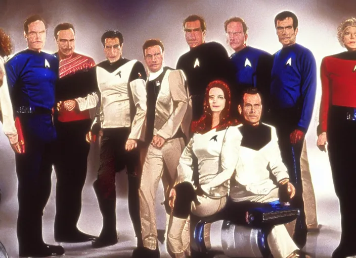 Image similar to a promo photo from a 1 9 9 0 s sci - fi tv programme, star trek tng, deep space 9, babylon 5, quantum leap, vhs distortion