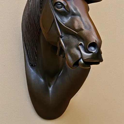 Prompt: horse's head sculpture cast bronze museum catalog photograph