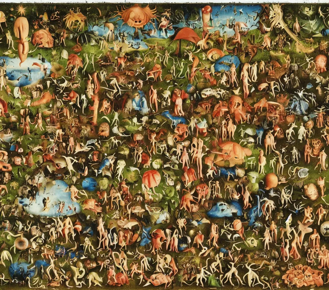 Image similar to 3 5 mm phtography, kodachrome of grandparents with alien, creatures and alien plants with garden of earthly delights bosch style