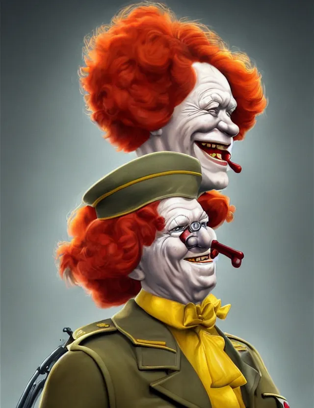 Image similar to a portrait of ronald mcdonald wearing a ww 2 german uniform, by moebius and tyler edlin and hr giger, trending on artstation, digital art, 4 k resolution, detailed, high quality, sharp focus, hq artwork, coherent, insane detail, concept art