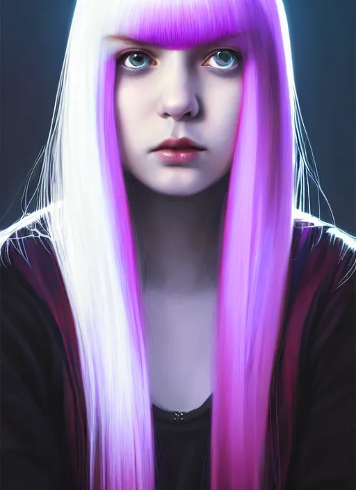 Image similar to hair whitebangs hair, black hair, whitebangs, portrait of teenage girl with white bangs, red irises, purple clothes, white bangs, bangs are different color from hair, intricate, elegant, glowing lights, highly detailed, digital painting, artstation, concept art, smooth, sharp focus, illustration, art by wlop, mars ravelo and greg rutkowski