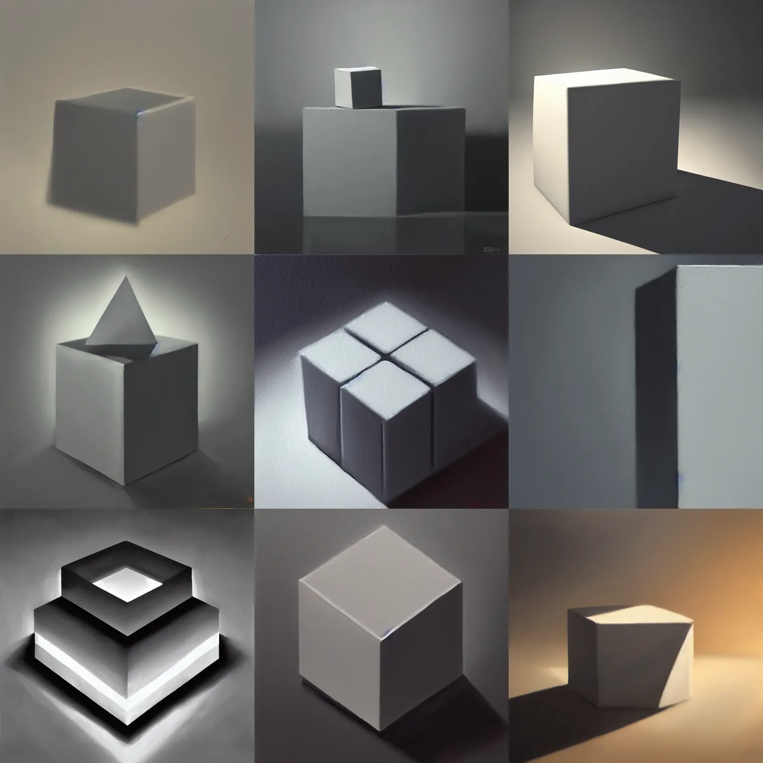 Prompt: an oil painting of a grey cube, artistic, dramatic lighting, artstation