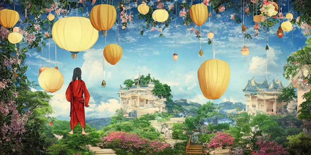 Image similar to wind god enjoying the view from his stone heavenly palace, decorated with windchimes and paper lanterns, nature, clouds and other palaces in background, digital art