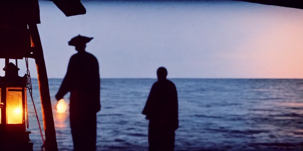 Image similar to film still of closeup old man holding up lantern by his beach hut at night. pirate ship in the ocean by emmanuel lubezki