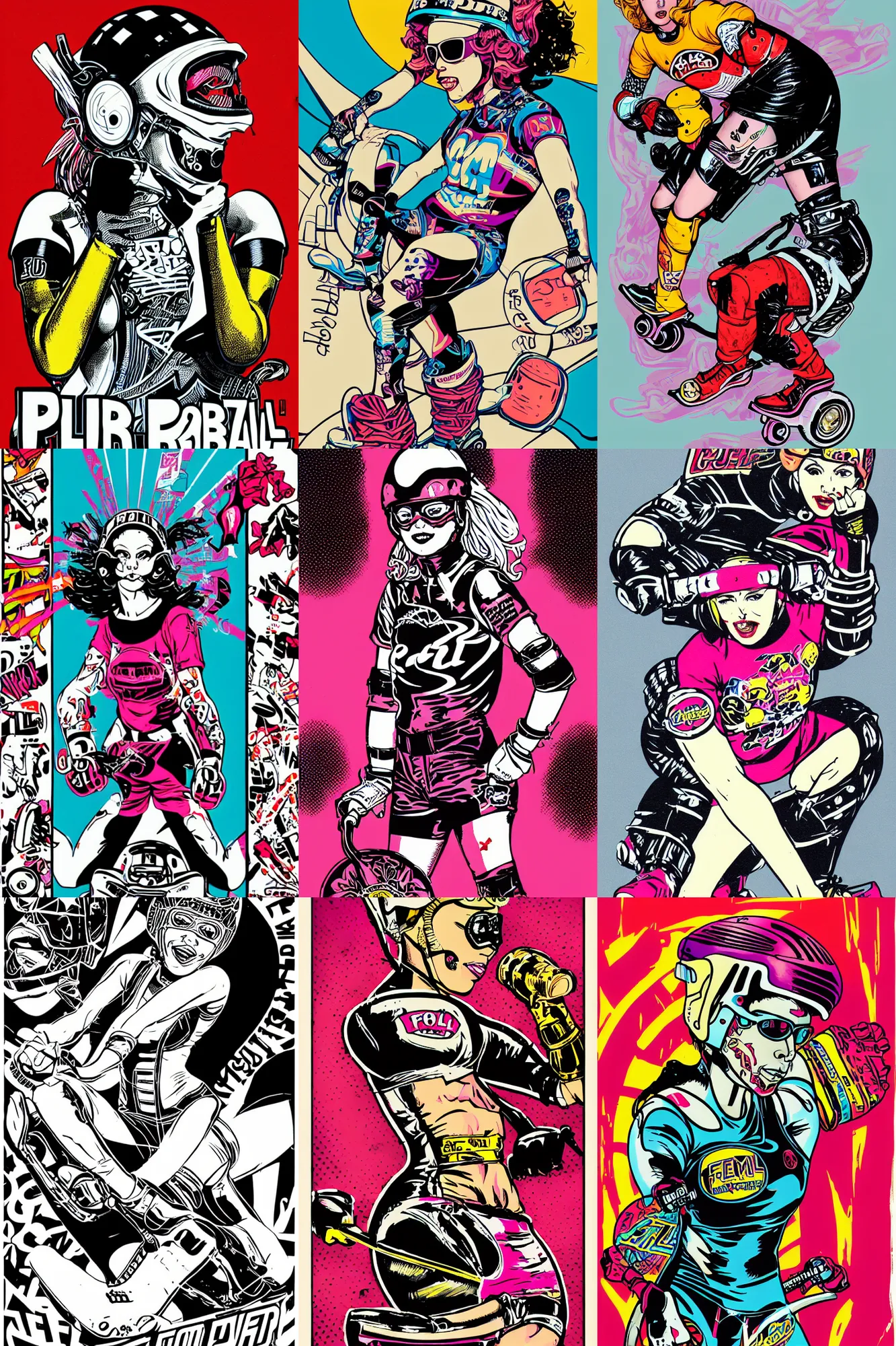 Prompt: fem-fatal roller derby girl portrait, logo, wearing skating helmet, wearing knee and elbow pads, dynamic pose, Philippe Caza, 3 colour print