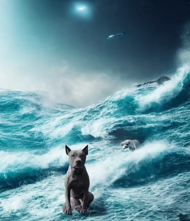 Prompt: photo of a dark gray coat pit bull with a white paws and a white nose!, trending on artstation surfing on a surfboard in a crashing wave of alien ocean in space, background is an alien galaxy, aliens in the background, alien colors, octane render, unreal engine, wide view, 8 k, highly detailed