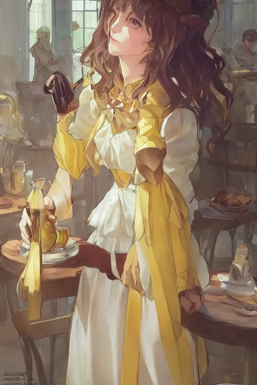 Prompt: A girl in a maid's outfit in a cafe a afternoon, wavy hair yellow theme,S line,45 angel by krenz cushart and mucha and arknights and greg rutkowski