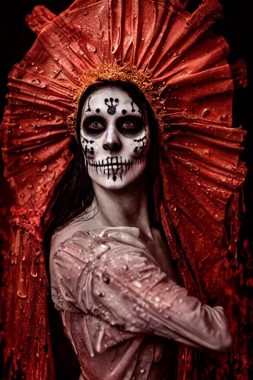 Image similar to wet collodion process, virgin mary in dia de muertos dress and make up, horrific beautiful vibe, evocative, atmospheric lighting, painted, intricate, highly detailed, leesha hannigan, wayne haag, reyna rochin, ignacio fernandez rios, mark ryden, iris van herpen, stunning, gorgeous, sharp focus, cinematic, masterpiece