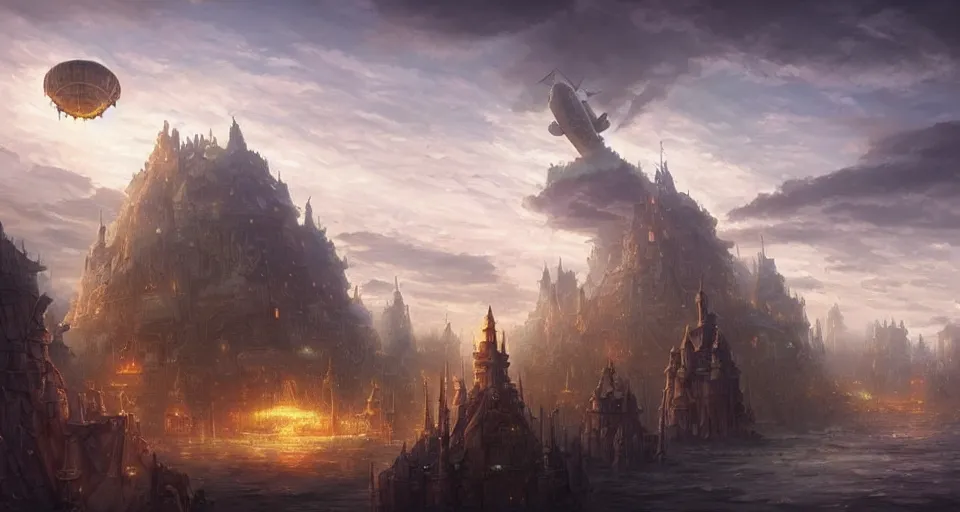 Prompt: landscape an ancient floating fantasy city in the sky and an singular fantasy airship flying towards it andreas rocha