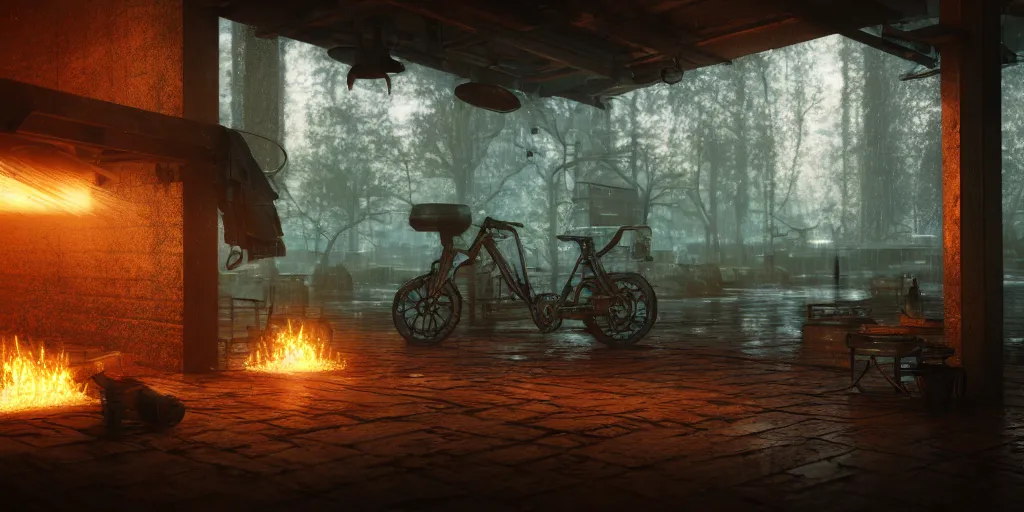 Prompt: blacksmith stall, cyberpunk, rain, in a forest, octane render