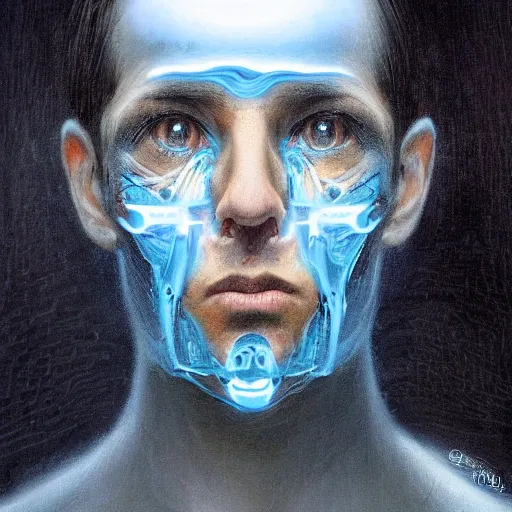 Image similar to surreal portrait of a man by Greg Rutkowski, symmetrical face, he is about 50 years old, short black hair with bangs, his features are a mix between French, Turkish and Russian, transformed into a kind of biomechanical transhuman god, blue glowing eyes, expression of epiphany and determination, cosmic void background, frightening, fascinating, highly detailed portrait, digital painting, book cover, artstation, concept art, smooth, sharp foccus ilustration, Artstation HQ