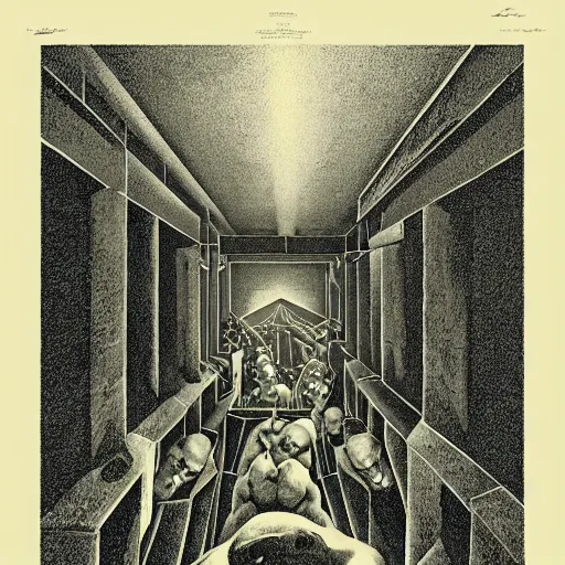 Image similar to lithography on paper secret layer dungeon conceptual figurative post - morden monumental dynamic portrait by goya and escher and hogarth, illusion surreal art, highly conceptual figurative art, intricate detailed illustration, controversial poster art, polish poster art, geometrical drawings, no blur