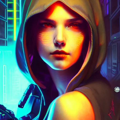 Prompt: a robed cyberpunk girl, neon lit back alley scene, sci - fi character portrait, ultra realistic, intricate, elegant, highly detailed, digital painting, artstaion, smooth, sharp, focus, illustration, art by artgerm and greg rutkowski and alphonse mucha