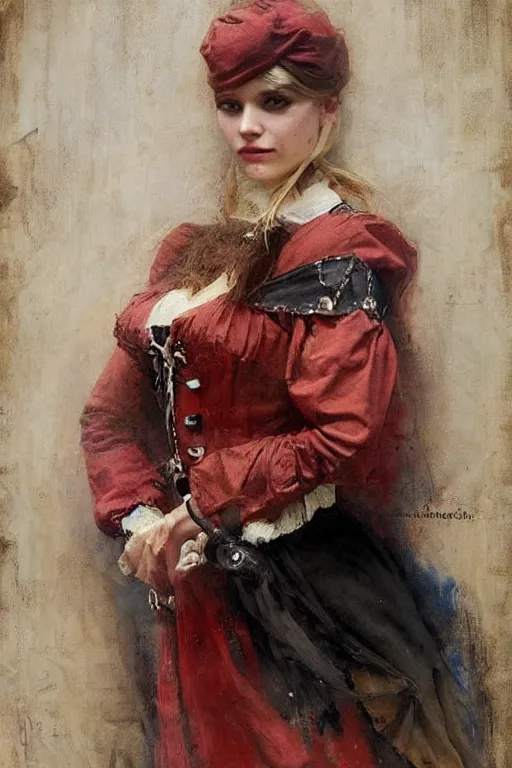 Image similar to Solomon Joseph Solomon and Richard Schmid and Jeremy Lipking victorian genre painting full length portrait painting of a young beautiful woman traditional german french pirate wench in fantasy costume, red background