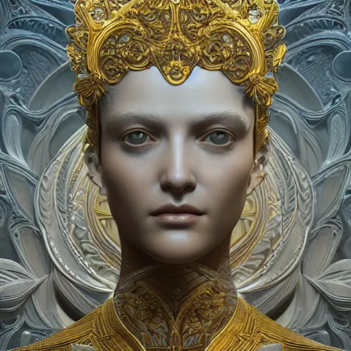 Image similar to Ultra detailed 3d render Macro of a marble statue, beautiful woman face, symmetrical composition, intricate thin details in gold, By James Jean and Tom Bagshaw and Victo Ngai and Craig Mullins, fantasy flowers and leaves, octane render, 8k, high quality, volumetric lighting, color grading