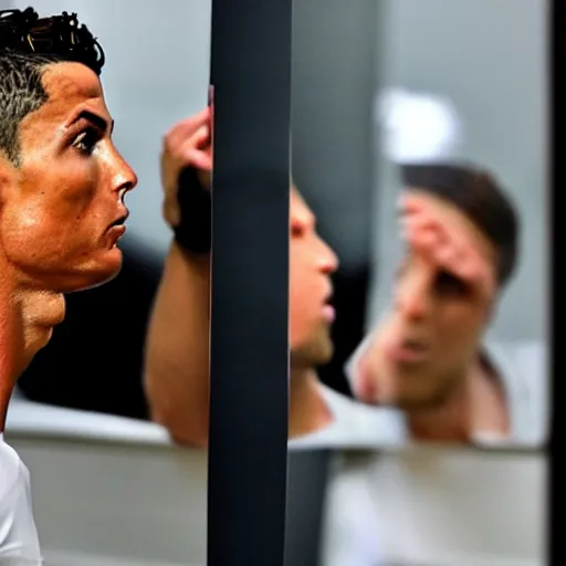 Prompt: Cristiano Ronaldo blowing a kiss at his reflection on a mirror