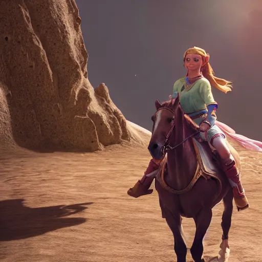 Image similar to zelda riding a horse on moon, hyper realistic, 4 k octan render, unreal 5