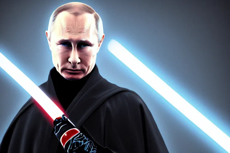 Prompt: putin in a palpatine robe holding a lightsaber, dark background, gloomy, digital art