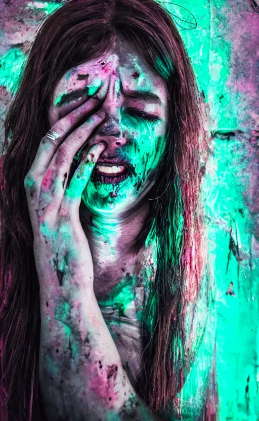 Image similar to grungy woman crying luminescent paint, dark, horror, cinematic, Sony a7R IV, symmetric balance, polarizing filter, Photolab, Lightroom, 4K, Dolby Vision, Photography Award