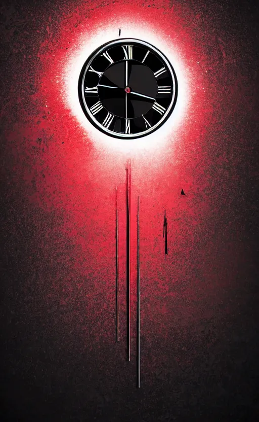 Image similar to a melting Roman numeral clock, behind a red and black gradient background, awith a black heart shaped on the top left corner and a black diamond card shape in the bottom right corner, dynamic lighting, photorealistic fantasy concept art, trending on art station, stunning visuals, cinematic, creative, ultra detailed