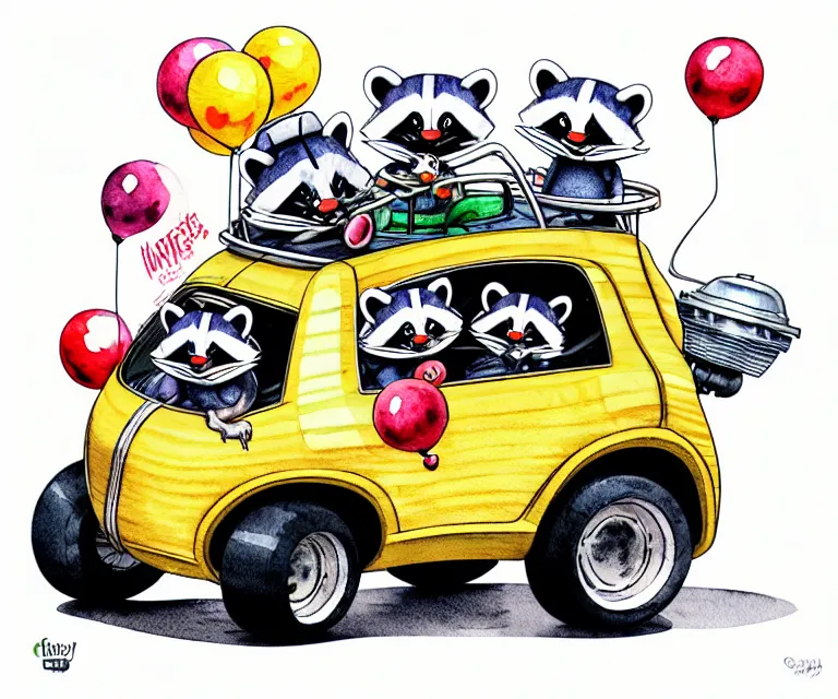Prompt: cute and funny, racoon wearing a helmet riding in a tiny clown car with oversized engine, ratfink style by ed roth, centered award winning watercolor pen illustration, isometric illustration by chihiro iwasaki, edited by range murata, tiny details by artgerm and watercolor girl, symmetrically isometrically centered, focused