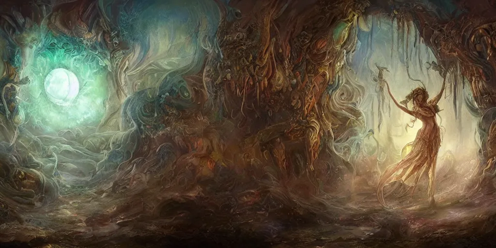 Image similar to concept art of translucent glowing fairies dancing, lovecraftian, renaissance, melting, round moon, rich clouds, fighting the horrors of the unknown, very detailed, volumetric light, mist, fine art, decaying, textured oil over canvas, epic fantasy art, very colorful, ornate intricate scales