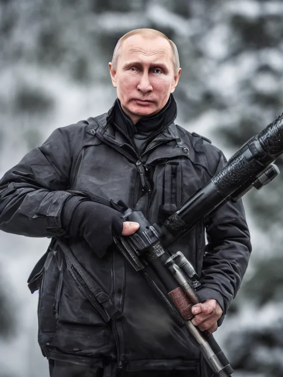 Image similar to 4K HD, high detail photograph, shot with Sigma f/ 4.2 , 250 mm sharp lens, shallow depth of field : (subject= evil looking Vladimir Putin holding a bazooka + subject detail= accurate body features, consistent, high detailed light refraction , high level texture render)