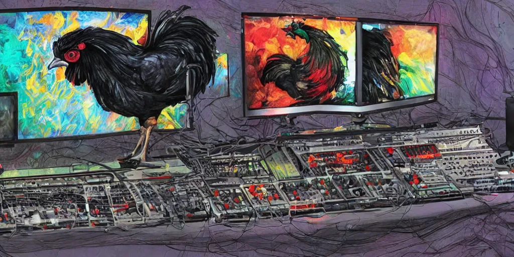 Image similar to 'black rooster'!!! smoking 'cannabis'!!!!!! in front of 'audio console'!!!! and 'pc masterrace RGB custom build'!!!!! 'multi monitors and projectors'!!!! 'in a hi-tech tv broadcasting studio with red camera rig'!!!!, artwork by James Gilleard