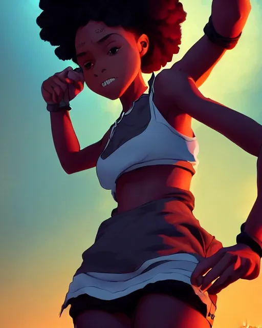 Prompt: a black girl as ( fantasy personification of hiphop ), character design, 9 0 s inspired clothing, unreal engine, ( highly detailed ), smooth, digital illustration by artgerm, tooth wu, studio ghibli, sharp focus, artstation. musical notes, black power fist. a police car, makoto shinkai, global illumination,, blender, maya 8 k