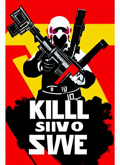 Image similar to kill to survive, shoot to kill logo. pop art, no duplicate image, glowing lights, highly detailed, digital painting, artstation, concept art, smooth, sharp focus, illustration, art by richard hamilton and mimmo rottela