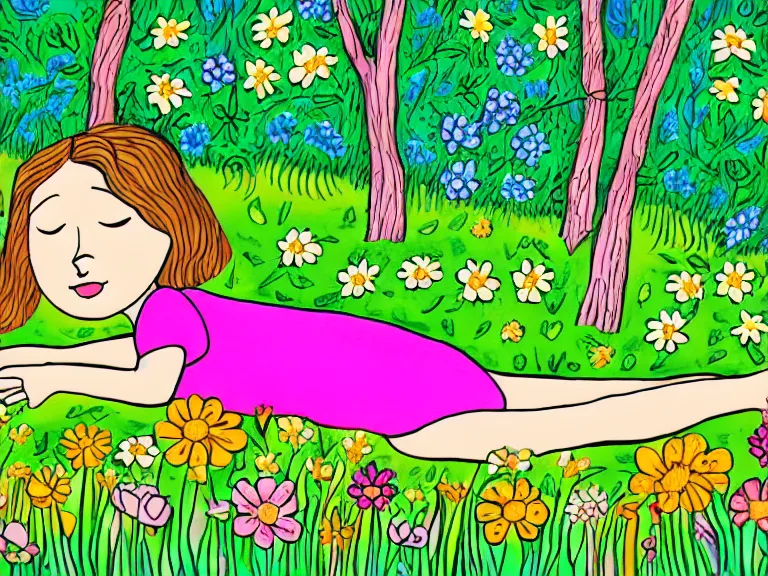 Image similar to drawing of girl laying down in the lawn full of flowers that smells like honey amongst forest with her soul connected to the nature around her. in naive art style