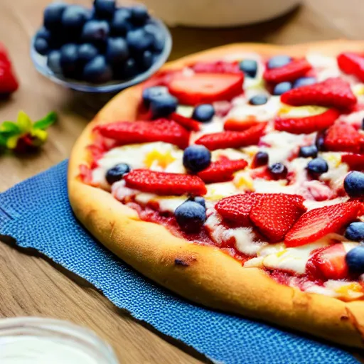 Prompt: a photograph of a professionally baked pizza topped with strawberries, blueberries, pickles, and ranch dressing