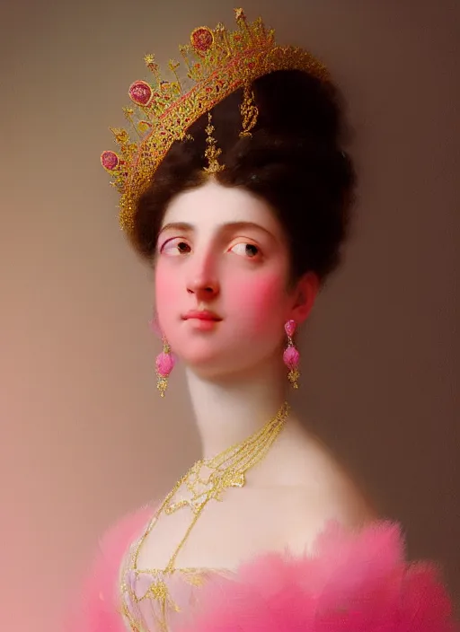 Image similar to stunning spanish godess princess, detailed pink and white feathers head peace against a black backdrop by ivan aivazovsky, 3 / 4 view portrait, wlop, super sharp details, photorealism, canon 5 d, 5 0 mm lens, stunning photoshot, beautiful soft lighting, muted colours, artstation