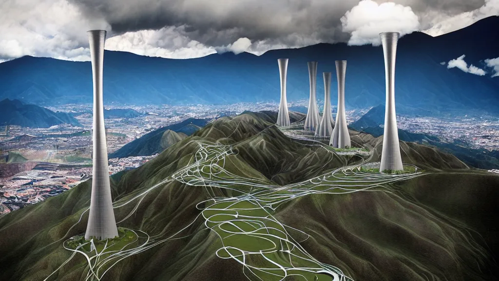 Image similar to Epic Nuclear power towers gracefully over the mountain valley of Quito, Ecuador; by Oswaldo Moncayo and Vincent Callebaut; Art Direction by James Cameron;