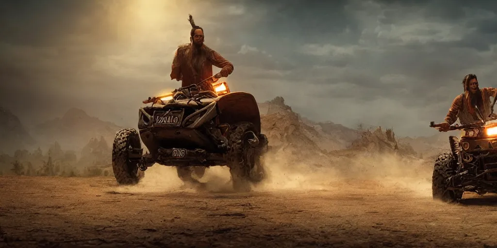 Image similar to indian on wooden native atv attacking bufallos, action scene, an epic fantasy, dramatic lighting, cinematic, establishing shot, extremely high detail, photorealistic, cinematic lighting, artstation, octane render, old photo, buffalo hunt movie, alpha movie, western