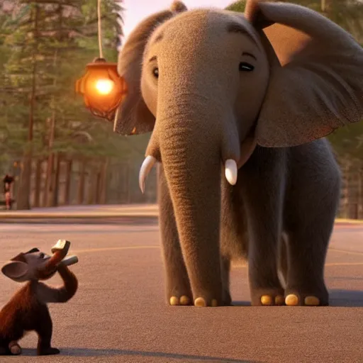 Image similar to a moose kissing an elephant in zootopia (2016)