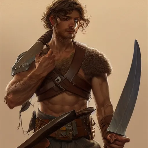 Image similar to portrait of a young rugged ranger holding his longsword up, hands, muscular, upper body, D&D, fantasy, intricate, elegant, highly detailed, digital painting, artstation, concept art, smooth, sharp focus, illustration, art by Artgerm and Greg Rutkowski and Alphonse Mucha