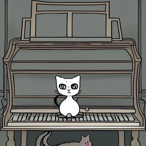 Prompt: cute cartoon cat playing the piano, style of moebius, james jean, mcbess, cinematic, highly detailed, award winning, 8 k photorealistic