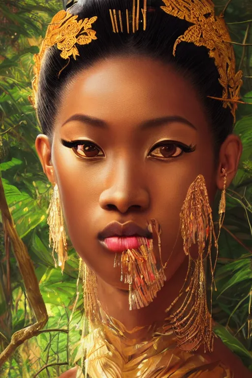 Image similar to stunningly beautiful, nubian geisha prima ballerina in jungle, symmetrical face, golden hour, smooth, focus, highly detailed, hyper realistic, dramatic lighting, elegant, intricate, concept art, art by wlop, mars ravelo, greg rutowski, artstation