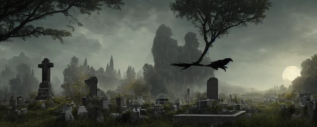 Image similar to Raven on a cementary, beautiful dynamic lighting, cinematic, wide angle establishing shot, extremely high detail, photo realistic, cinematic lighting, post processed, concept art, artstation, matte painting, style by frederic church, raphael lacoste, unreal engine 8k