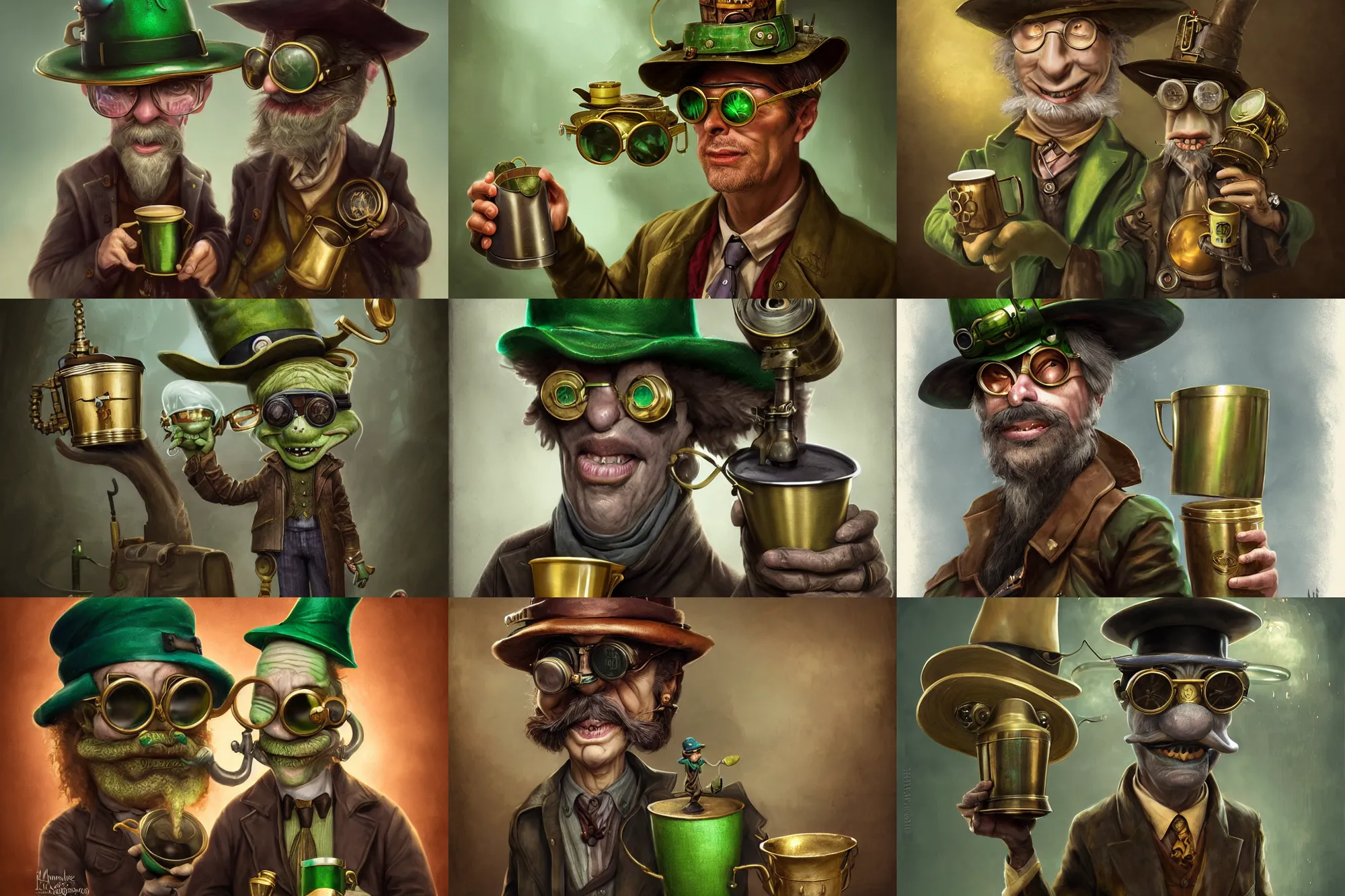 Prompt: a man with a green hat and brass goggles holding a cup, a character portrait by michael komarck, michael kutsche, tim burton, featured on cgsociety, fantasy art, behance hd, steampunk